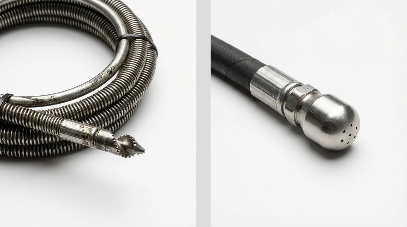 Drain snake cable and hydro jetting nozzle used for drain cleaning in Cambridge, MA