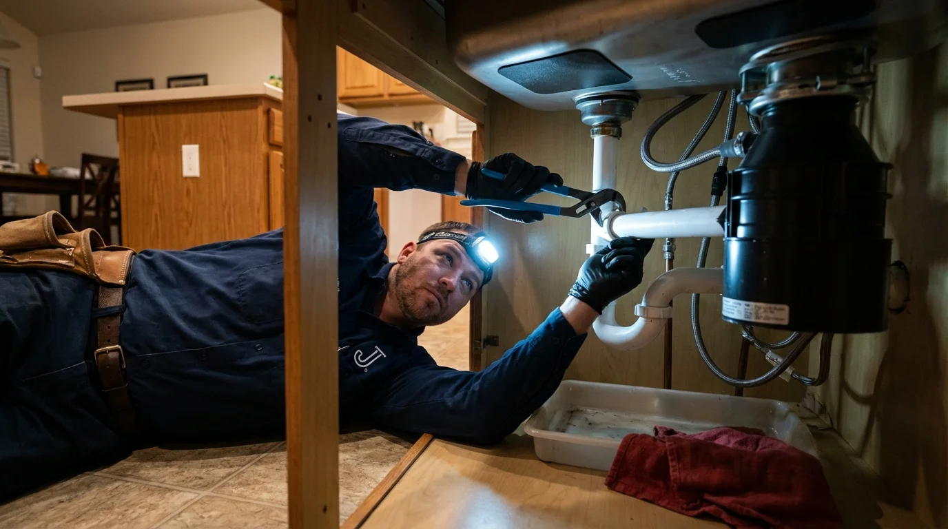 P-trap and supply line connections under a kitchen sink showing a common leak point in Cambridge, MA